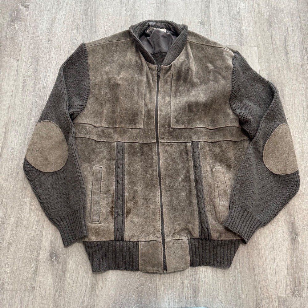 True Vintage 70's Suede Knit Bomber Jacket Brown Mixed Elbow Patch XL gray